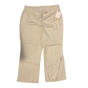 CALLIGRAPHIE Machine Washable Linen Blend Wide Leg Slit Hem Pants, Tan, 2X